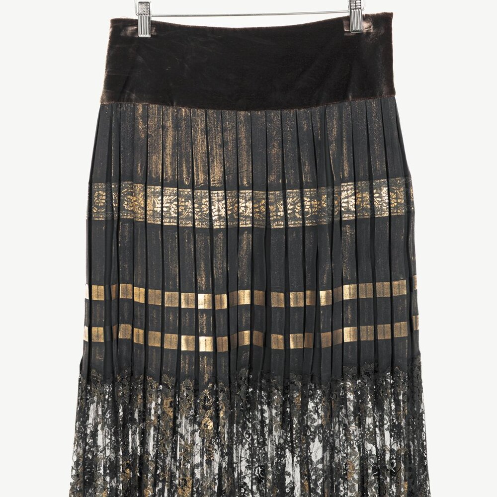 Jean Paul Gaultier Black Silk Gold-Foil Pleated Lace-Hem Midi Skirt